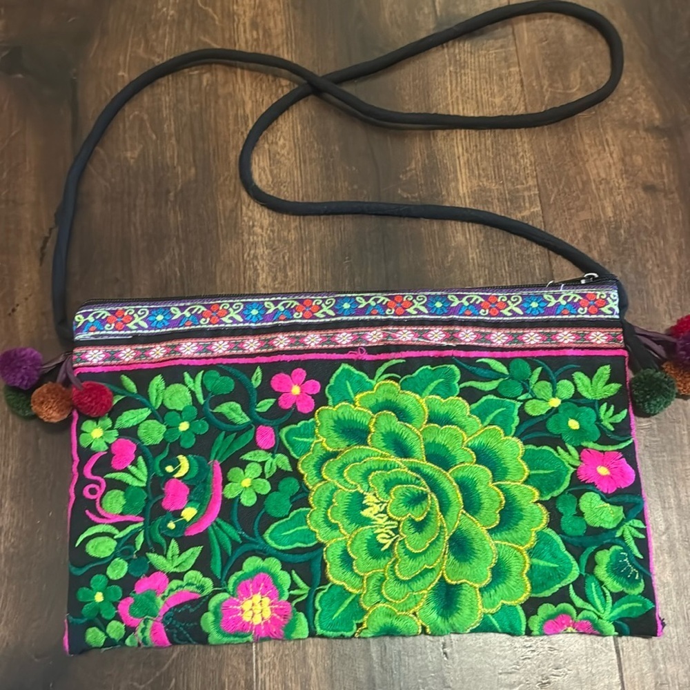 Vibrant Colorful Boho Embroidered Floral Over the Shoulder Bag
